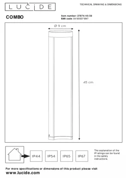Hot Lucide Combo pullert 45 cm 9W IP54 3000K - Svart