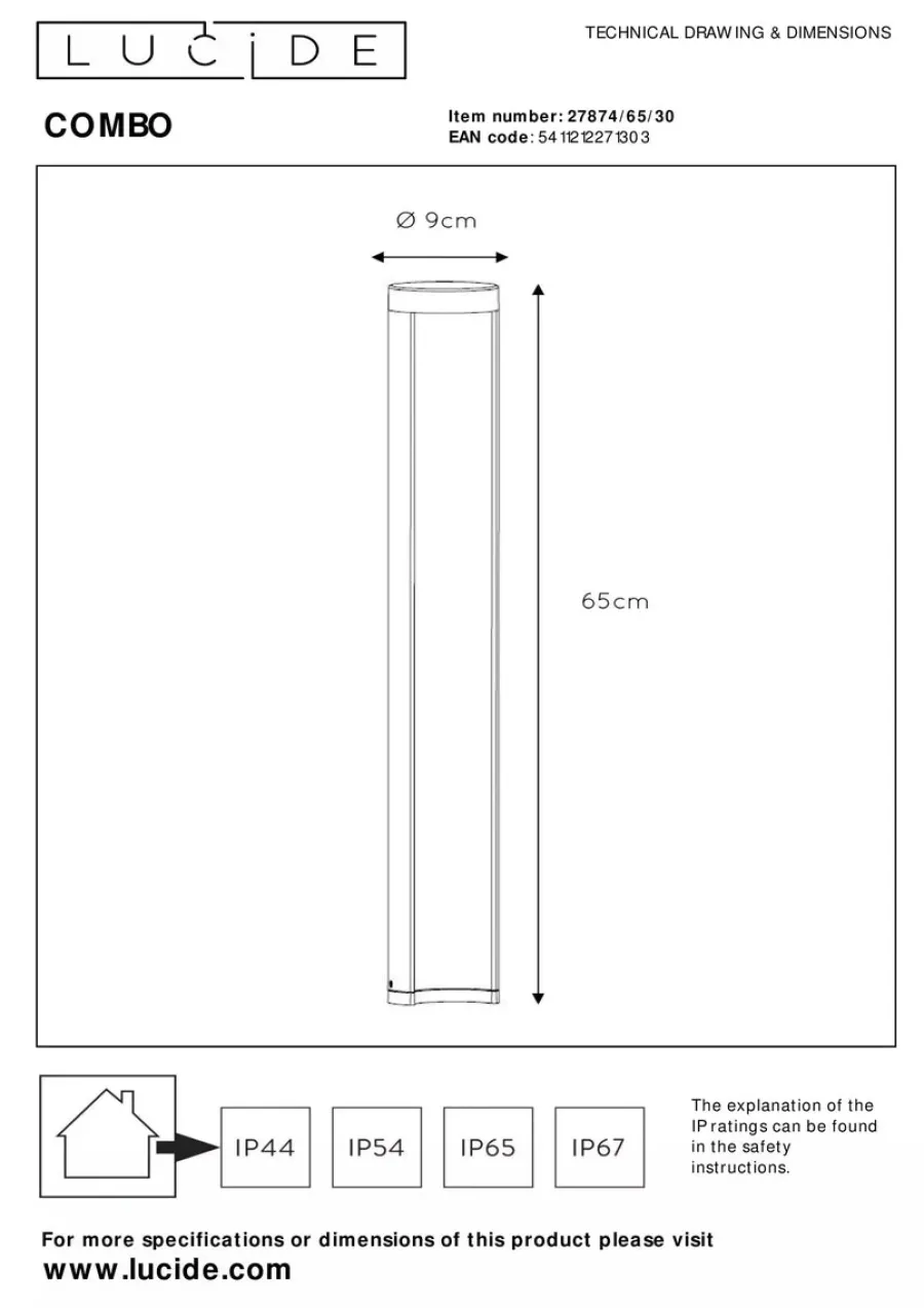 Clearance Lucide Combo pullert 65 cm 9W IP54 3000K - Svart
