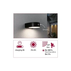 Discount Paulmann Eileen vegglampe utendørs 5,5W 3000 Kelvin m/bevegelses sensor - Solcelle Svart