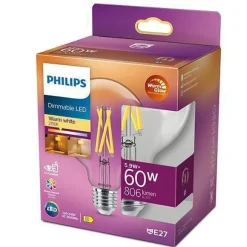 Clearance Philips Globe filament LED warmglow E27 5,9W 95 mm dimbar - Klar Hvit