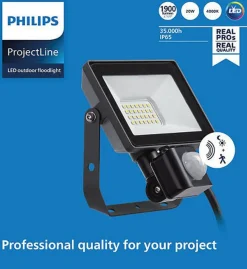 New Philips ProjectLine lyskaster utendørs 20W 4000K IP65 m/bevegelsessensor - Svart