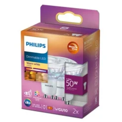 Clearance Philips 3,8W (50W), warmglow dimbar GU10 LED RA90 - 2 pakning Hvit