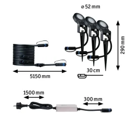 Hot Paulmann Plug & Shine Sting spot med spyd 6,4W 3000 Kelvin IP67 - 3 pakning startsett Antrasitt
