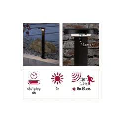 New Paulmann Solar LED pullert 1,2W 3000 Kelvin m/bevegelses sensor IP44 - Solcelle Antrasitt